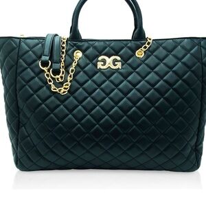 Elegant Black and Gold Quilted large tote with Chain Detail logo in the front.